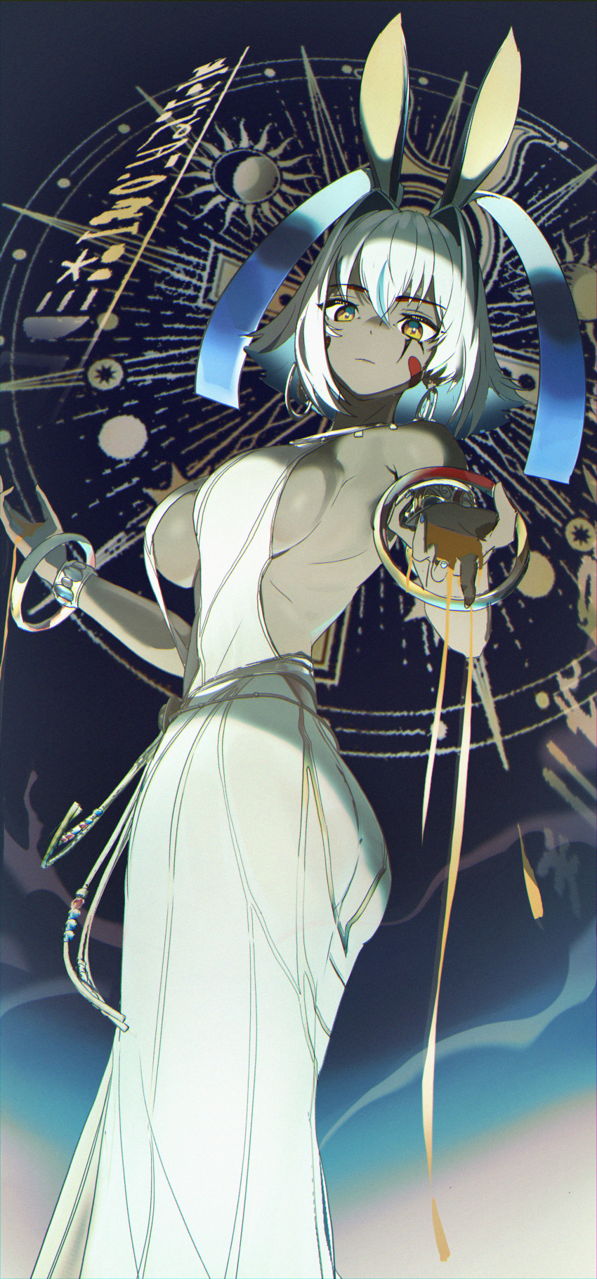 1girl absurdres animal_ears antenna_hair armlet ass backless_dress backless_outfit bare_shoulders belly_chain black_hair bracelet breasts center_opening colored_inner_hair dark-skinned_female dark_skin dress earrings facepaint facial_mark fate/grand_order fate_(series) gold_trim hieroglyphics highres hoop_earrings jackal_ears jewelry large_breasts looking_at_viewer multicolored_hair nitocris_(fate) nitocris_alter_(fate) nitocris_alter_(milky_way)_(fate) short_hair sideboob sidelocks solo streaked_hair usekh_collar white_dress white_hair yellow_eyes yuyiosang