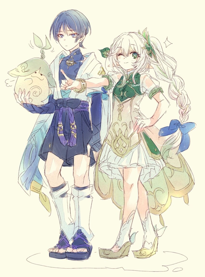1boy 1girl aged_up alternate_hairstyle alternate_height aqua_kimono aqua_sleeves aranara_(genshin_impact) arm_at_side armlet armor bare_shoulders belt black_belt black_bodysuit black_bow black_footwear black_hair black_shorts black_socks blunt_ends bodysuit bow bracelet bridal_gauntlets closed_mouth covered_collarbone creature_on_hand cross-shaped_pupils dress eyelashes full_body genshin_impact gold gold_footwear gold_trim green_eyes grey_eyes hair_between_eyes hair_ornament hakama hakama_shorts han&#039;eri hand_on_own_hip height_difference highres hip_vent index_finger_raised japanese_armor japanese_clothes jewelry kimono knees kote kurokote layered_clothes layered_kimono layered_sleeves leaf leaf_hair_ornament leg_warmers long_hair looking_at_creature looking_at_viewer low-braided_long_hair low-tied_long_hair nahida_(genshin_impact) one_eye_closed open_clothes open_hand open_kimono outstretched_arm pointy_ears purple_rope purple_sash raised_eyebrow rope sandals sash scaramouche_(genshin_impact) shoes short_sleeves shorts shoulder_peek sidelocks skirt smile socks symbol-shaped_pupils toes turtleneck turtleneck_bodysuit wanderer_(genshin_impact) white_background white_dress white_footwear white_hair white_kimono white_leg_warmers white_skirt white_socks yamo_(sky2world) zouri