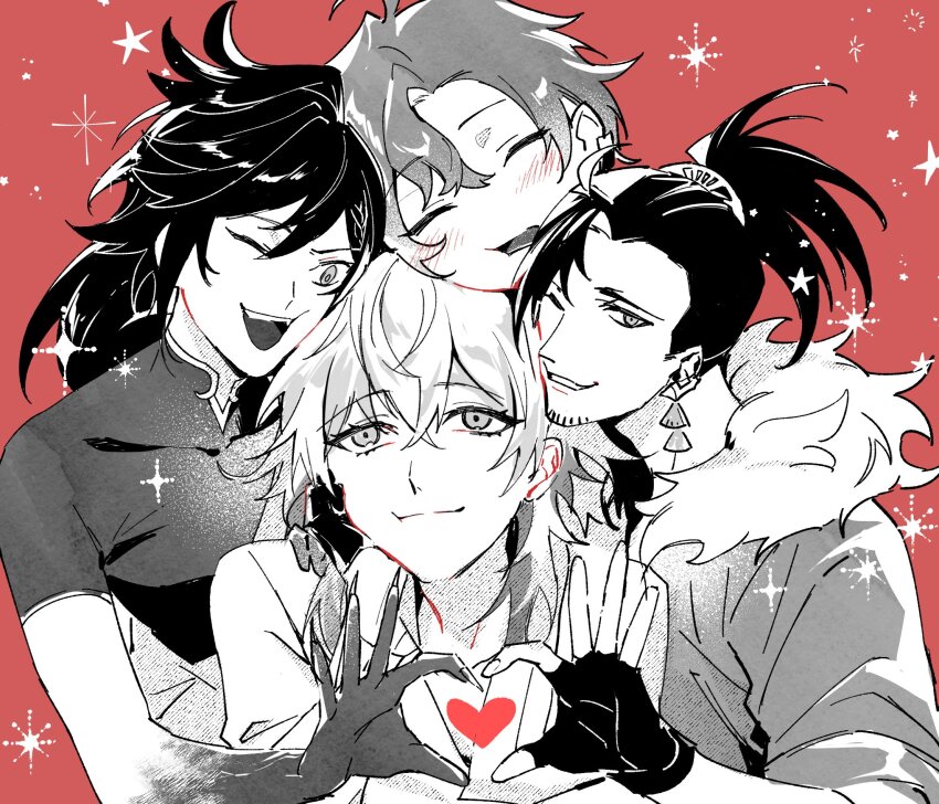 4boys affectionate ahoge banzoin_hakka banzoin_hakka_(1st_costume) blush closed_eyes colored_skin eyelashes facial_hair fingerless_gloves fur-trimmed_jacket fur_trim gavis_bettel gloves greyscale_with_colored_background group_hug heart heart_hands high_ponytail highres holostars holostars_english holotempus hug jacket josuiji_shinri long_hair looking_at_another looking_at_viewer lynnear machina_x_flayon machina_x_flayon_(1st_costume) male_focus monochrome multiple_boys one_eye_closed open_mouth ponytail red_background short_hair sketch smile snowflakes sparkle star_(symbol) stubble upper_body virtual_youtuber
