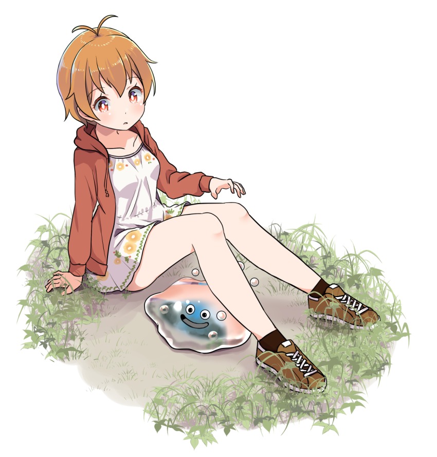 1girl antenna_hair bang_dream! breasts brown_jacket brown_shoes brown_socks commentary_request crossover dragon_quest drawstring dress female_focus hair_between_eyes highres hood hood_down hooded_jacket jacket kitazawa_hagumi light_brown_hair liquid_metal_slime_(dq) long_sleeves on_ground open_clothes open_jacket parted_lips pleated_dress red_eyes shipii_(jigglypuff) shoes sitting slime_(creature) small_breasts smile sneakers socks solo white_background white_dress