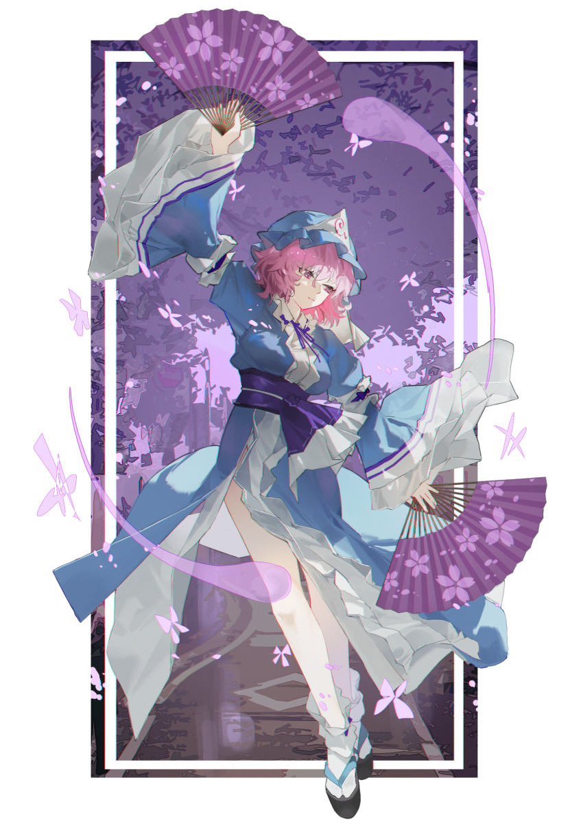 1girl absurdres arm_up bare_legs blue_hat blue_kimono blue_ribbon border breasts bug butterfly closed_mouth collar commentary danzir floral_print frilled_collar frilled_kimono frills full_body hand_fan hat highres hitodama holding holding_fan insect japanese_clothes juliet_sleeves kimono long_sleeves mob_cap obi okobo pink_eyes pink_hair platform_sandals puffy_sleeves ribbon saigyouji_yuyuko sandals sash short_hair socks solo touhou tree triangular_headpiece veil white_border white_socks wide_sleeves