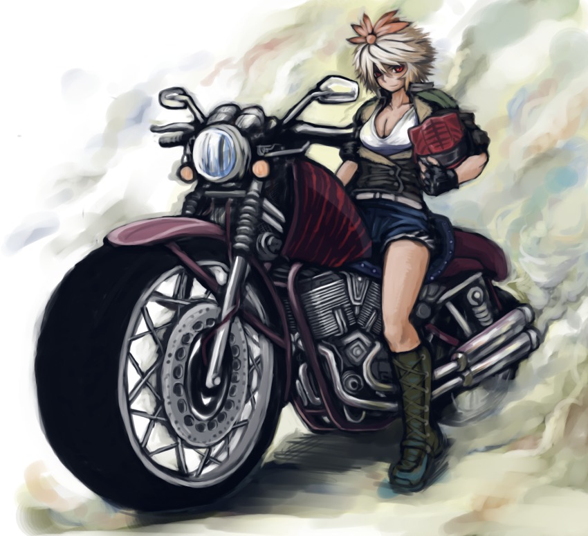 1girl alternate_costume bad_id bad_pixiv_id biker black_gloves blonde_hair boots breasts cleavage female_focus fingerless_gloves gloves hair_ornament helmet highres hoshitetsu_ringo jacket knee_boots lace-up_boots motor_vehicle motorcycle on_motorcycle red_eyes short_hair short_shorts shorts sleeves_rolled_up smile smoke solo tetsuringo tiger_stripes toramaru_shou touhou vehicle