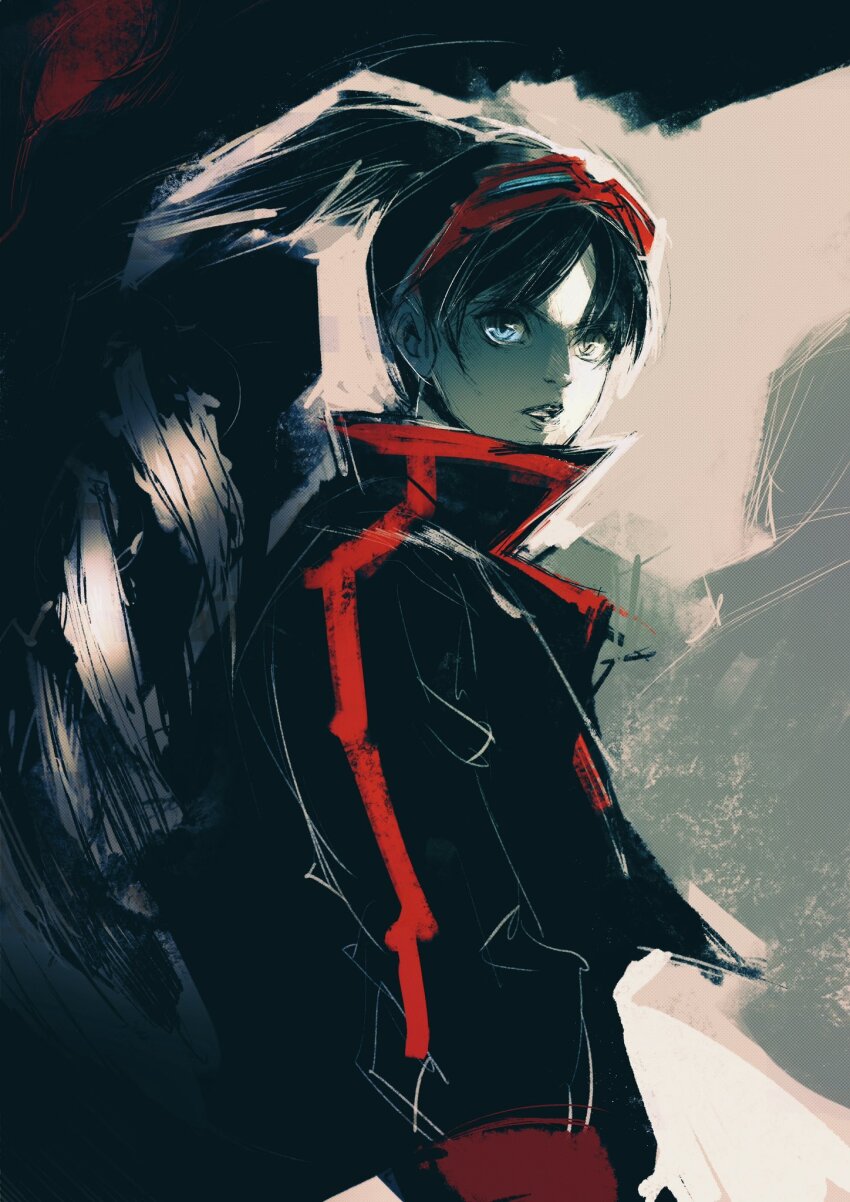 1boy black_hair blue_eyes breath_of_fire breath_of_fire_v collared_jacket commentary_request cowboy_shot goggles goggles_on_head highres jacket kannoaki looking_to_the_side male_focus open_mouth parted_bangs ponytail popped_collar ryu_(breath_of_fire_v) solo standing teeth