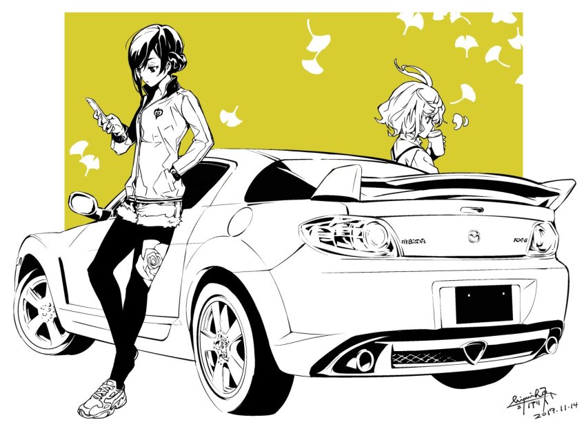 1boy 1girl ahoge black_hair black_pantyhose car closed_mouth cup curly_hair dated drinking floral_print full_body fur-trimmed_shorts fur_trim hand_in_pocket himiko_(326ontheweb) holding holding_cup holding_phone jacket leaf leaf_background leaning_on_object looking_at_phone mazda mazda_rx-8 motor_vehicle pantyhose phone pinocchio_(sinoalice) reality_arc_(sinoalice) rose_print shoes short_hair shorts signature simple_background sinoalice sneakers snow_white_(sinoalice) standing suspenders two-tone_background white_background yellow_background