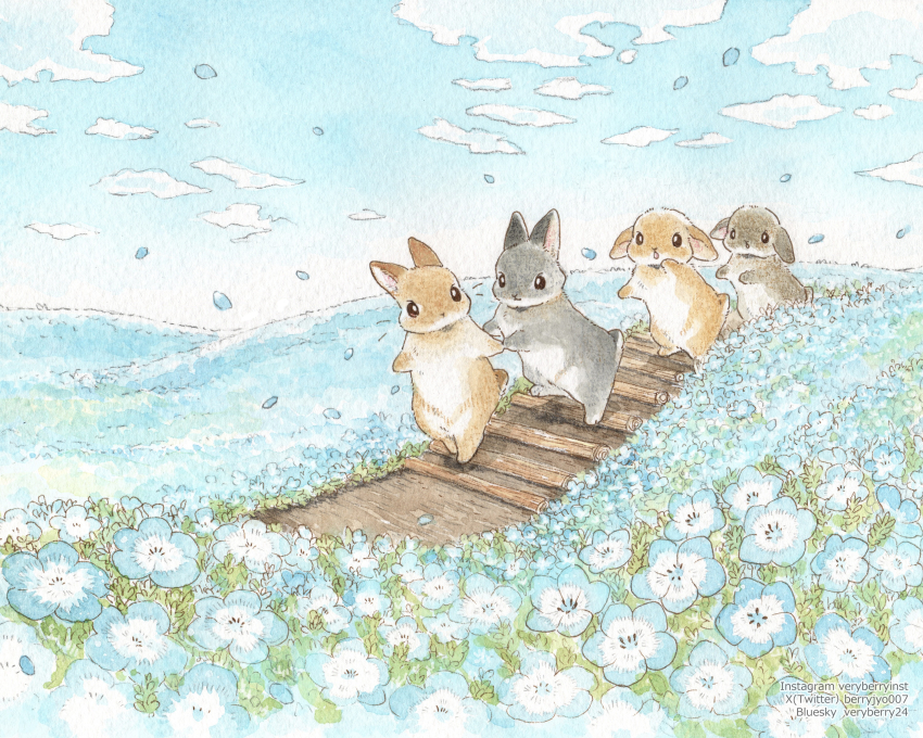absurdres animal animal_focus art_program_in_frame artist_name berry_jou blue_flower cloud cloudy_sky commentary_request day falling_petals field flower flower_field highres nemophila_(flower) no_humans original path petals rabbit road sky traditional_media
