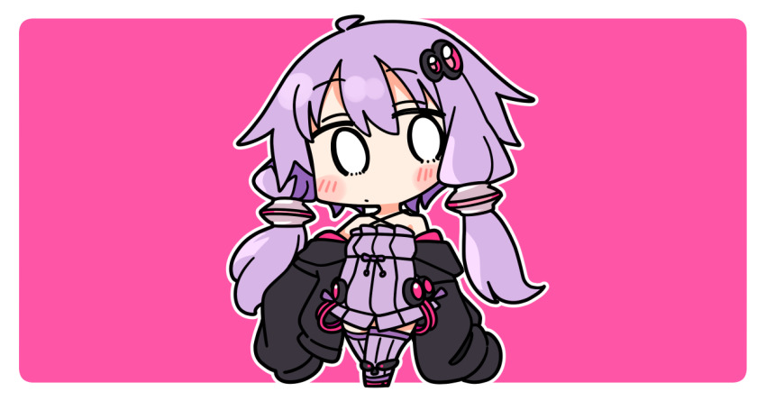 0_0 1girl ahoge bare_shoulders blush border chibi chibi_only closed_mouth dress full_body hair_ornament hood hood_down hoodie ini_(inunabe00) long_sleeves looking_at_viewer open_clothes open_hoodie outline outside_border pink_background purple_dress purple_hair purple_shoes purple_thighhighs shoes short_hair_with_long_locks simple_background sleeveless sleeveless_dress solo standing thighhighs vocaloid voiceroid white_border white_outline yuzuki_yukari