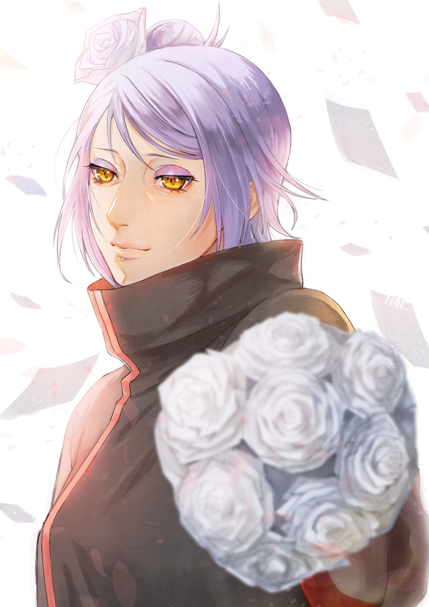 1girl akatsuki_uniform black_coat blue_eyeliner blue_hair bouquet closed_mouth coat eyelashes eyeliner flower hair_flower hair_ornament hal_(sakurajam) highres holding holding_bouquet konan_(naruto) makeup naruto_(series) naruto_shippuuden paper piercing short_hair smile solo upper_body yellow_eyes