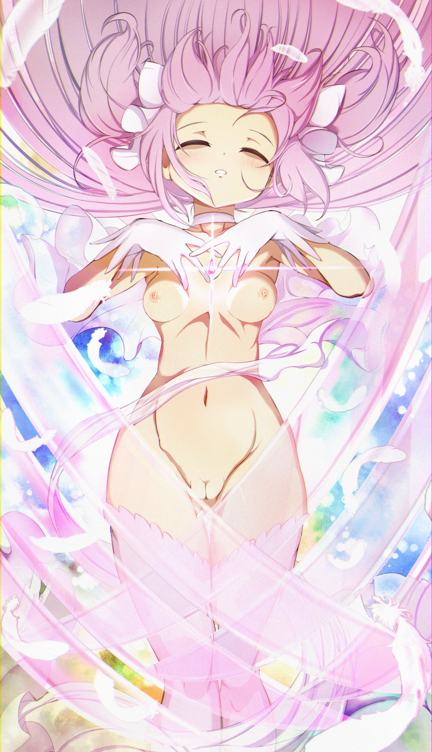 1girl absurdly_long_hair absurdres blush bow breasts cleft_of_venus closed_eyes completely_nude dai_toro dress gloves hair_bow hair_ribbon henshin highres kaname_madoka long_hair mahou_shoujo_madoka_magica navel nipples nude pink_hair pink_thighhighs pussy ribbon small_breasts solo thighhighs two_side_up ultimate_madoka very_long_hair white_bow white_gloves wings