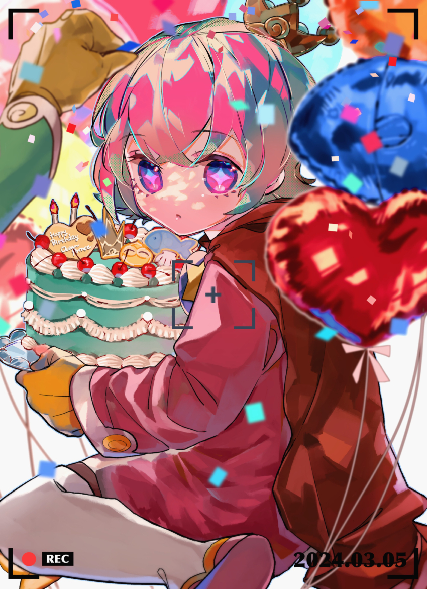 2boys absurdres androgynous balloon brown_gloves candle cape character_cookie cherry confetti eyelashes food fruit gloves happy_birthday heart_balloon highres kneeling looking_at_viewer merumerumerume multiple_boys ocean_prince otomo_(puyopuyo) out_of_frame parted_lips pink_hair purple_eyes puyo_(puyopuyo) puyopuyo puyopuyo_fever red_cape salde_canarl_shellbrick_iii thighhighs white_thighhighs yellow_gloves