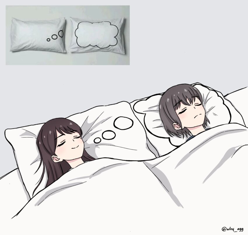 2girls a_whydc bang_dream! bang_dream!_it&#039;s_mygo!!!!! brown_hair closed_eyes closed_mouth commentary dreaming_pillow_motif_(meme) grey_hair hashtag-only_commentary highres long_hair lying meme mole mole_under_eye multiple_girls pillow reference_inset shiina_taki short_hair takamatsu_tomori twitter_username under_covers
