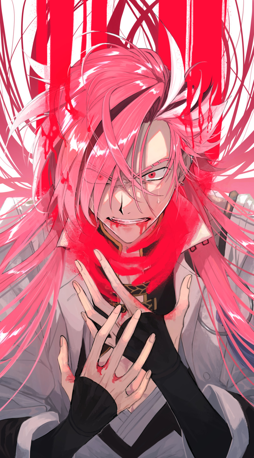 1boy angry annoyed black_hair bleeding blood blood_on_face blood_on_hands earrings eyebrow_cut fate/grand_order fate_(series) frown furious glaring grimace high_collar highres jacket japanese_clothes jewelry long_hair male_focus multicolored_hair open_mouth red_eyes red_hair solo sweat takasugi_shinsaku_(fate) turtleneck type-moon white_hair white_jacket yuta_arata