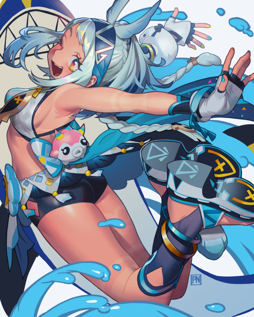 1girl ass blue_hair blue_nails braid breasts dark_skin fingerless_gloves genshin_impact gloves hairband highres looking_at_viewer mualani_(genshin_impact) nail_polish one_eye_closed open_mouth poch4n shorts smile solo tan tanline thighs
