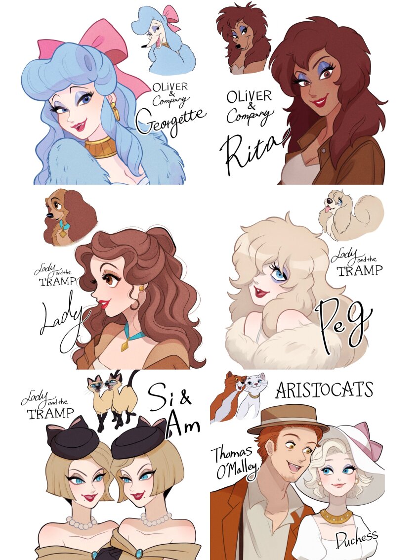 1boy 6+boys absurdres am_(lady_&amp;_the_tramp) animal bare_shoulders blonde_hair blue_eyes blue_eyeshadow blue_hair bow brown_hair cat commentary_request copyright_name disney dog duchess_(disney) earrings eyeshadow facial_hair fangs georgette_(oliver_&amp;_company) goatee_stubble hair_bow hair_over_one_eye half_updo hat highres humanization jacket jewelry lady_(disney) lady_and_the_tramp long_hair looking_at_viewer makeup moko_eaka mole multiple_boys necklace oliver_&amp;_company open_mouth orange_hair pearl_necklace peg_(disney) pink_bow profile purple_eyeshadow rita_(oliver_&amp;_company) short_hair si_(lady_&amp;_the_tramp) siblings simple_background smile stubble the_aristocats thomas_o&#039;malley twins wavy_hair white_background white_hat