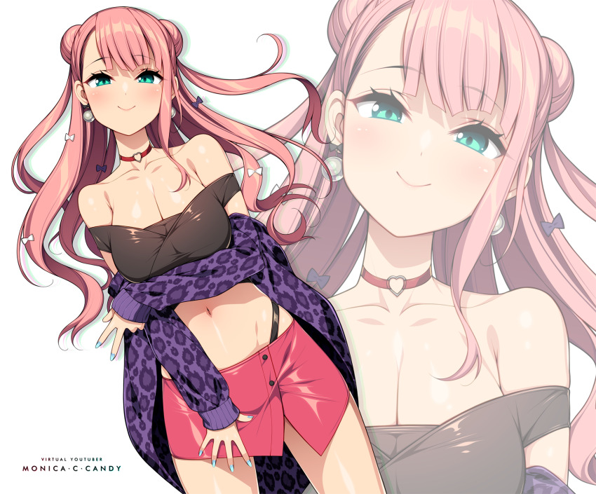 1girl applying_manicure breasts character_name choker cleavage earrings fingernails green_eyes heart heart_choker highres jewelry kinoshita_ichi large_breasts long_hair looking_at_viewer monica_c_candy nail_polish navel niu_family pink_hair smile solo v virtual_youtuber