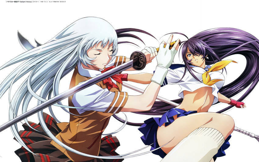 2girls absurdres black_hair blue_eyes blue_skirt brown_skirt chouun_shiryuu closed_eyes earrings fingerless_gloves gloves guan_dao hair_over_one_eye highres holding holding_sword holding_weapon huge_filesize ikkitousen jewelry kan&#039;u_unchou katana long_hair magatama magatama_earrings midriff multiple_girls navel pleated_skirt polearm red_gloves rin-sin shirt silver_hair simple_background skirt sword very_long_hair weapon white_background white_gloves white_legwear white_shirt