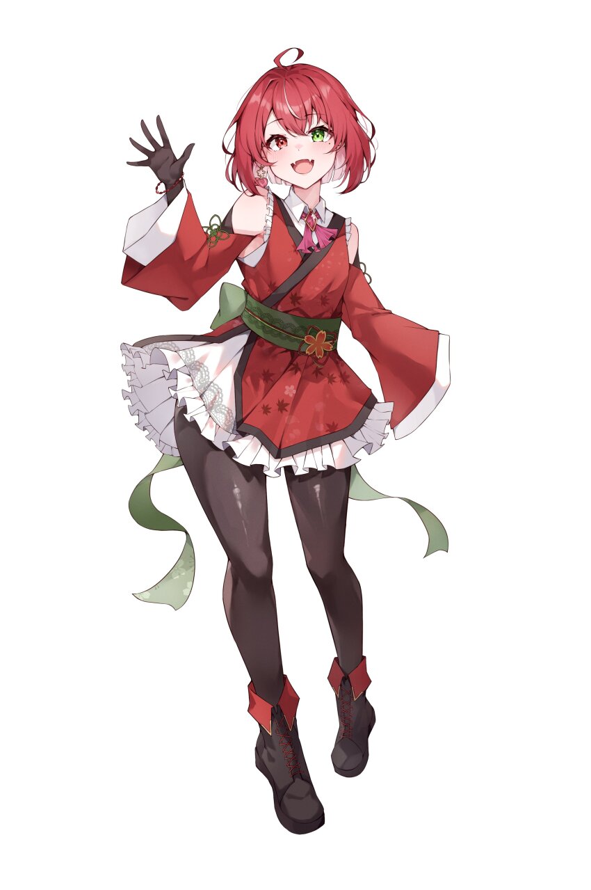 1girl absurdres ahoge black_boots black_gloves black_pantyhose blush blush_stickers boots braid clothing_cutout colored_inner_hair commentary_request contrapposto double-parted_bangs dress_shirt earrings elbow_gloves fangs flower_earrings fold-over_boots french_braid frilled_skirt frills gloves green_eyes hair_ornament hakama heterochromia highres indie_virtual_youtuber japanese_clothes jewelry kimono kimono_skirt lace-up_boots looking_at_viewer miniskirt misoni_(mi_so_ni_t) mole mole_under_eye multicolored_hair natsuka_yosuga obi open_mouth pantyhose red_eyes red_hakama red_kimono red_sleeves sash shirt short_kimono simple_background skin_fangs skirt skirt_under_kimono sleeveless sleeveless_kimono solo star_(symbol) star_hair_ornament tail tail_through_clothes virtual_youtuber waving white_background white_skirt wide_hips wide_sleeves
