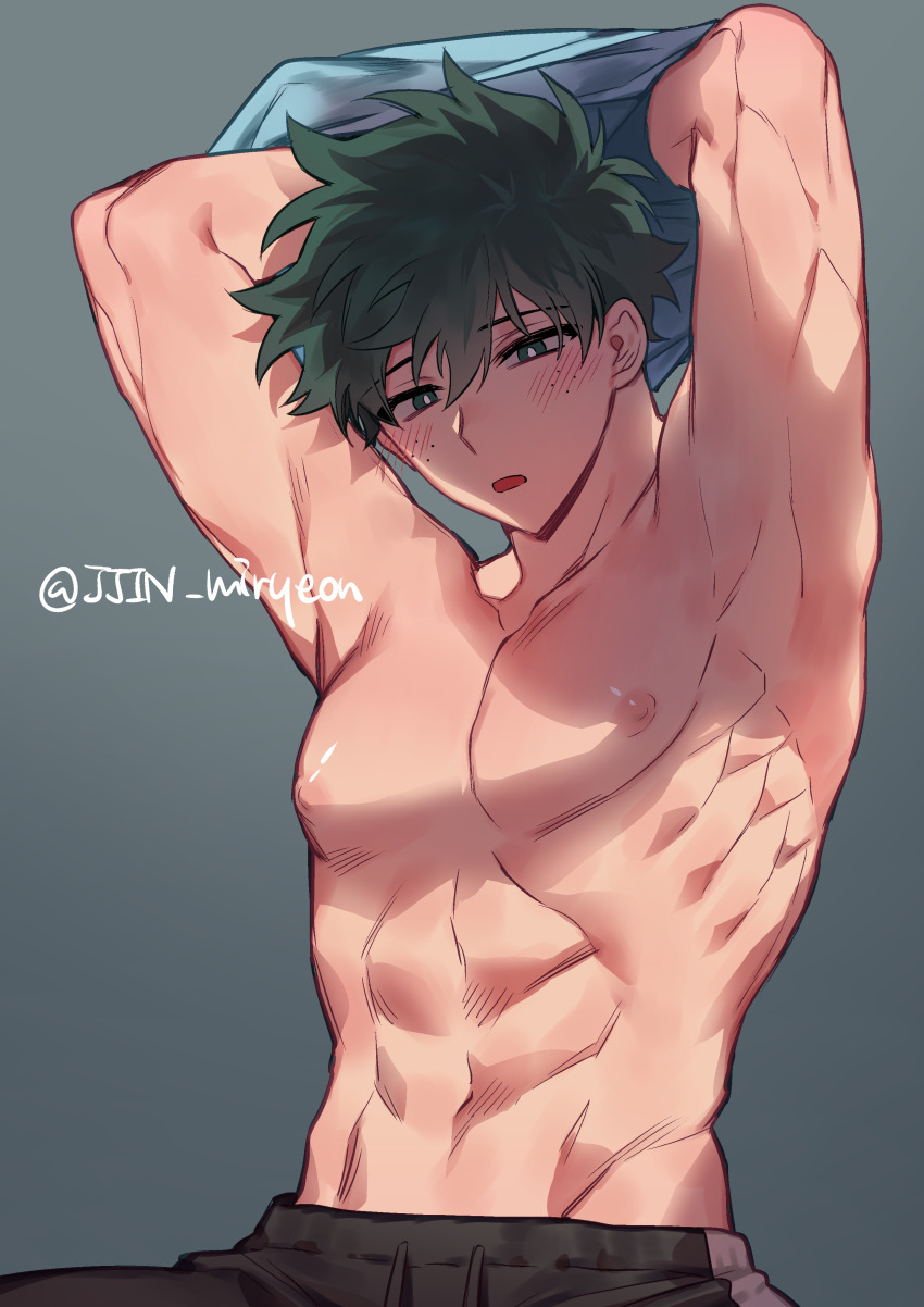 1boy abs absurdres armpits blush boku_no_hero_academia bright_pupils freckles green_hair highres looking_at_viewer male_focus midoriya_izuku misa_(jjin_miryeon) muscular muscular_male navel nipples parted_lips short_hair shredded_muscles solo topless_male undressing white_pupils