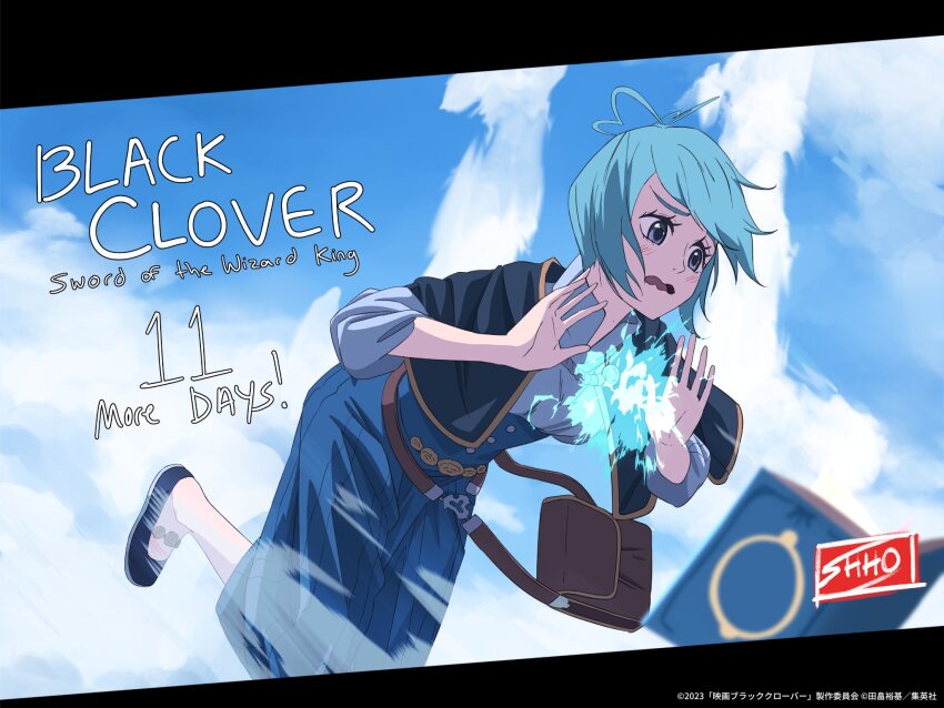 1girl artist_request black_clover black_clover:_sword_of_the_wizard_king blue_hair blue_skirt blush book cloud cloudy_sky copyright_name countdown dutch_angle english_text floating floating_object furrowed_brow grey_(black_clover) grimoire hands_up highres leather_bag looking_ahead magic midair nervous official_art official_style shoes short_hair skirt sky solo spoilers wavy_hair