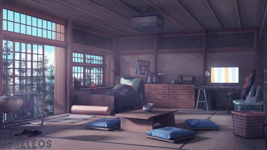 1girl 3d :d alarm_clock animal_ears architecture artist_name basket bed blanket blender_(medium) blue_camisole blue_eyes bowl brown_hair camisole cat_ears cat_girl chair chopsticks clock cloud commentary computer day drawer drawing east_asian_architecture english_commentary floor flower_pot foxeleos gaming_chair hand_up hanging_light highres indoors lamp long_hair looking_at_viewer monitor no_humans open_hand open_mouth original pencil photoshop_(medium) pillow plant radio rug scenery sliding_doors slippers smile solo stuffed_animal stuffed_toy swivel_chair table tatami teddy_bear tree wall watermark window