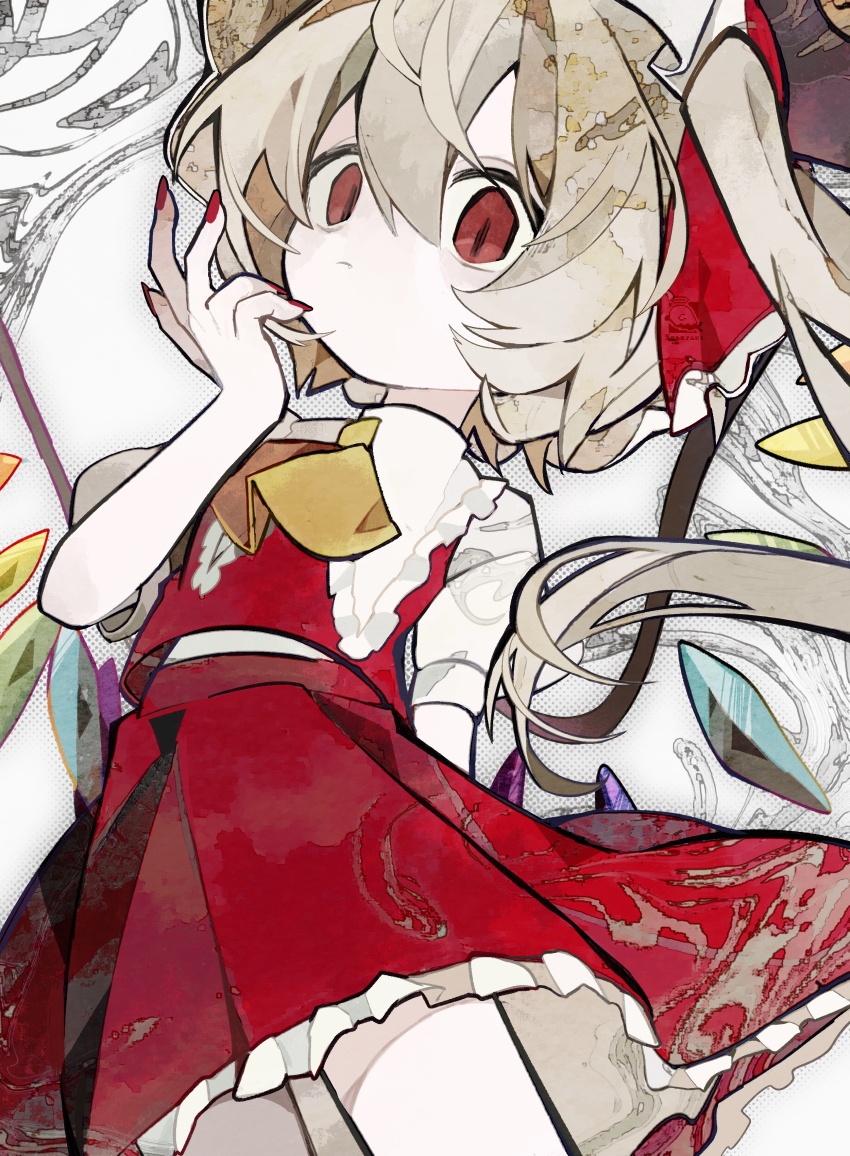 1girl absurdres ascot blonde_hair cowboy_shot crystal crystal_wings flandre_scarlet frilled_shirt_collar frills hair_between_eyes hat highres looking_at_viewer midriff_peek mob_cap puffy_short_sleeves puffy_sleeves red_eyes red_nails red_skirt red_vest ribbon shirt short_hair short_sleeves side_ponytail simple_background skirt skirt_set solo soresaki touhou vest white_background white_shirt wings yellow_ascot