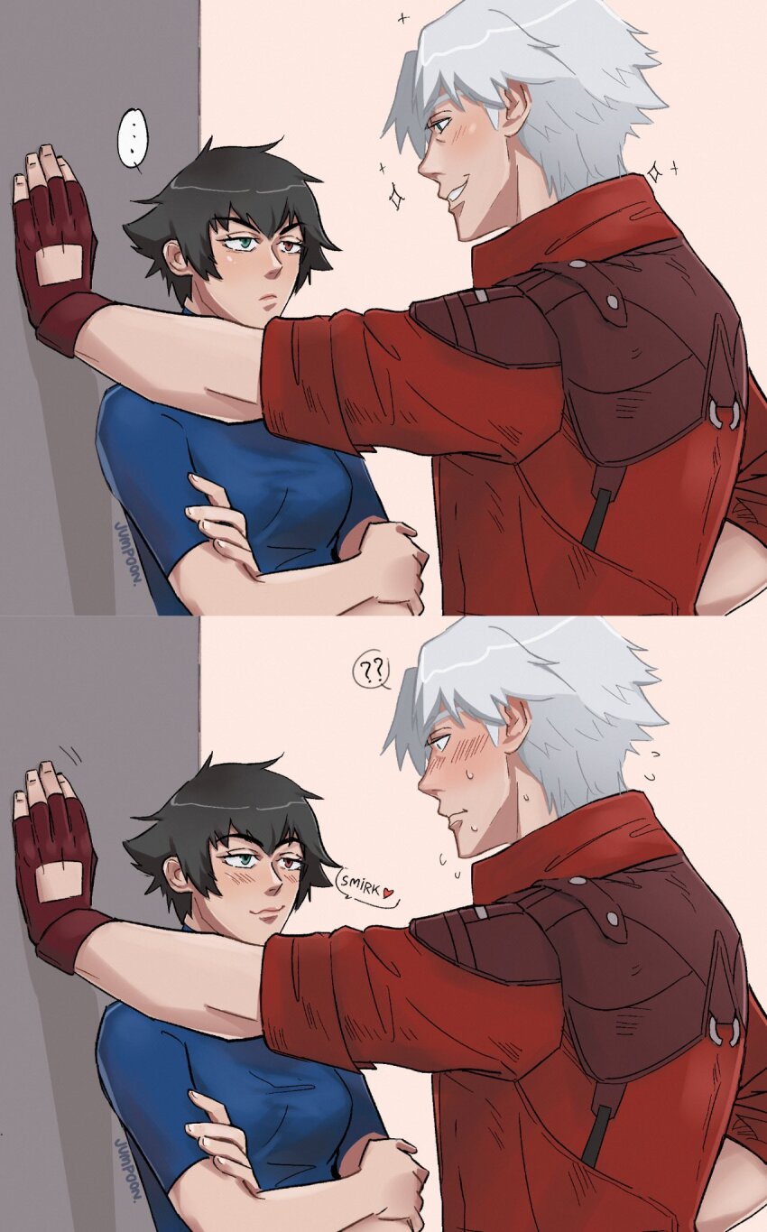 ... 1boy 1girl ? ?? black_hair blue_shirt crossed_arms dante_(devil_may_cry) devil_may_cry_(netflix) devil_may_cry_(series) fingerless_gloves gloves green_eyes heterochromia highres jacket jumpoon kabedon lady_(devil_may_cry) red_eyes red_jacket shirt simple_background smile white_hair
