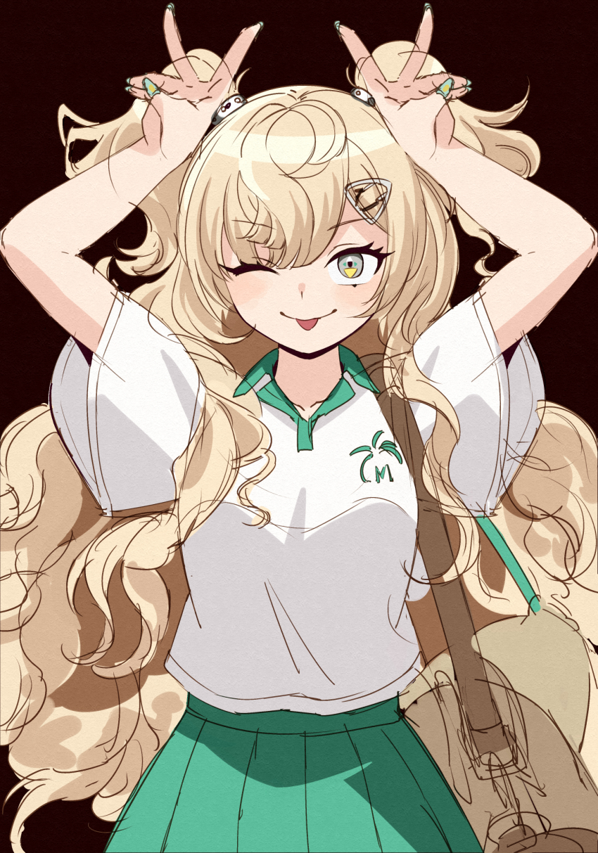 1girl arms_up bag blonde_hair breasts collared_shirt double_v eyelashes green_skirt hair_ornament highres kanmiya_shinobu kantai_collection long_hair looking_at_viewer minneapolis_(kancolle) minneapolis_(tennis)_(kancolle) nail_polish one_eye_closed shirt short_sleeves simple_background sketch skirt solo tongue tongue_out two_side_up v very_long_hair white_shirt