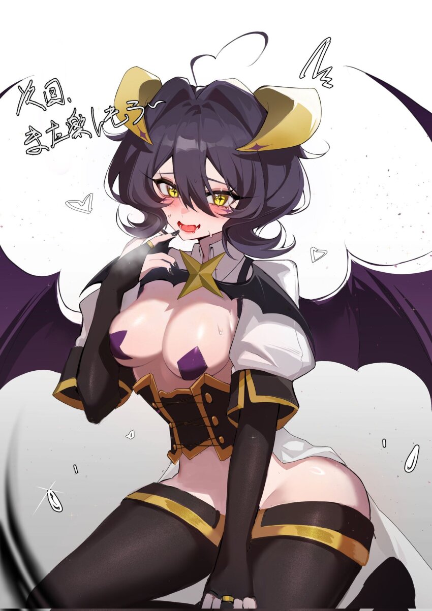 1girl ahoge black_corset black_gloves black_pants blush breasts cleavage corset cross cross-shaped_pupils cross_pasties demon_horns demon_wings drooling elbow_gloves facial_tattoo fang finger_to_mouth gloves hair_between_eyes heart heart_ahoge heavy_breathing highres hiiragi_utena horns looking_at_viewer lower_teeth_only lowleg lowleg_pants magia_baiser mahou_shoujo_ni_akogarete medium_breasts mouth_drool nail_polish open_mouth pants pasties purple_hair satoru_(1326014529) seiza short_hair shrug_(clothing) simple_background sitting skin_fang solo sweat symbol-shaped_pupils tattoo teeth wavy_mouth white_background wings yellow_eyes