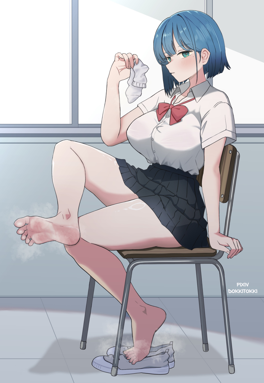 1girl absurdres barefoot blue_eyes blue_hair blush chair dokkitokki feet highres looking_at_viewer medium_hair original parted_lips school_uniform shoes single_sock socks soles steam toes unworn_shoes unworn_socks uwabaki white_socks