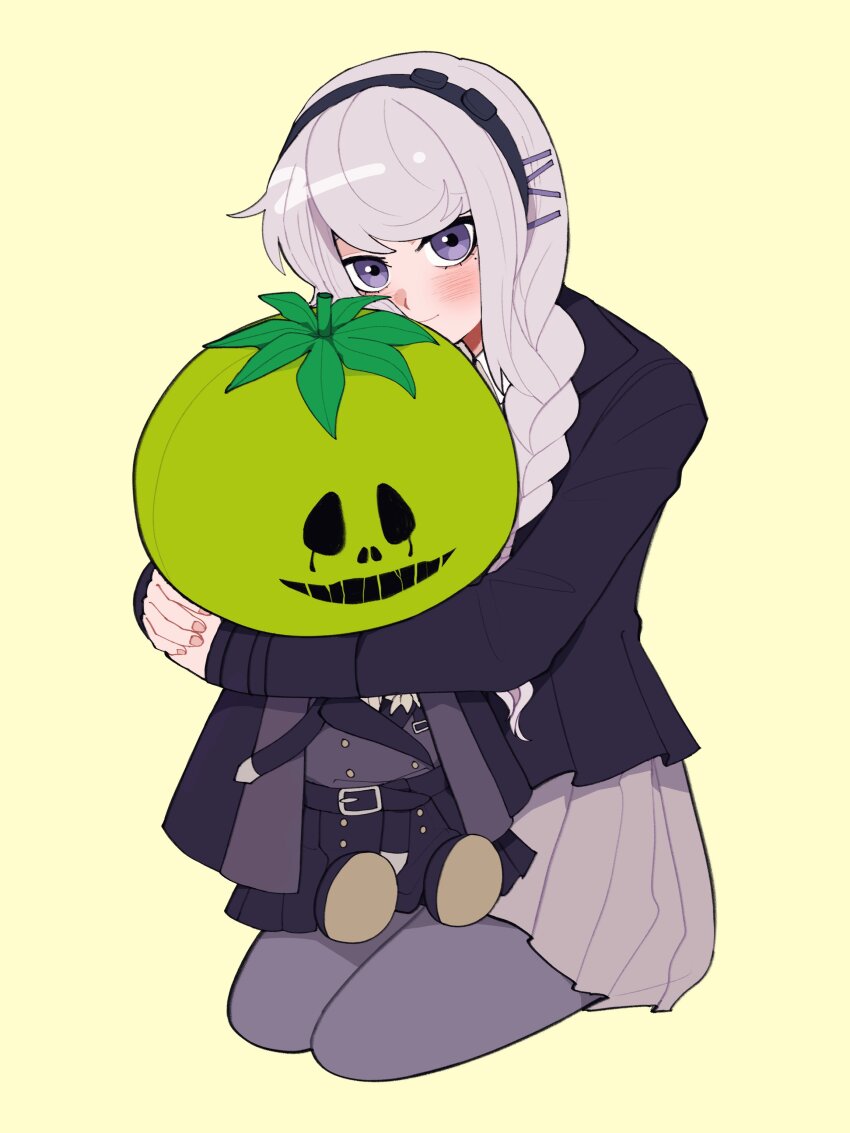 2girls absurdres arm_around_neck black_hair black_hairband black_headband blush braid braided_ponytail chibi closed_mouth female_focus fingernails hairband headband highres holding_chibi kirifuji_nozomi long_hair looking_at_viewer mask mask_on_head mole mole_under_eye multiple_girls oosuzuki_kurara pleated_skirt purple_eyes purple_thighhighs skirt smile the_hundred_line_-last_defense_academy- thighhighs tomato yellow_eyes zero_(misamxsa08)