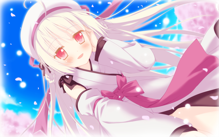1girl adjusting_hair ahoge astralair_no_shiroki_towa beret blunt_bangs blush cherry_blossoms detached_sleeves dutch_angle female_focus floating_hair game_cg happy hat highres light_smile long_hair official_art petals ribbon shida_kazuhiro sky smile solo white_hair yuuki_(astralair) yuuki_(astralair_no_shiroki_towa)