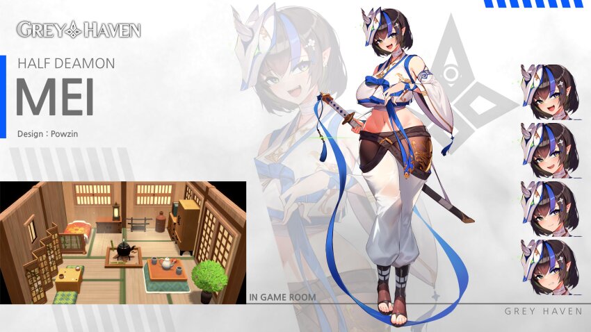 1girl angry bandages breasts brown_hair character_name english_text multiple_expressions feet full_body grey_background greyhaven highres huge_breasts katana light_blush mask mask_on_head navel see-through_clothes smile sword underboob weapon yeong_r6