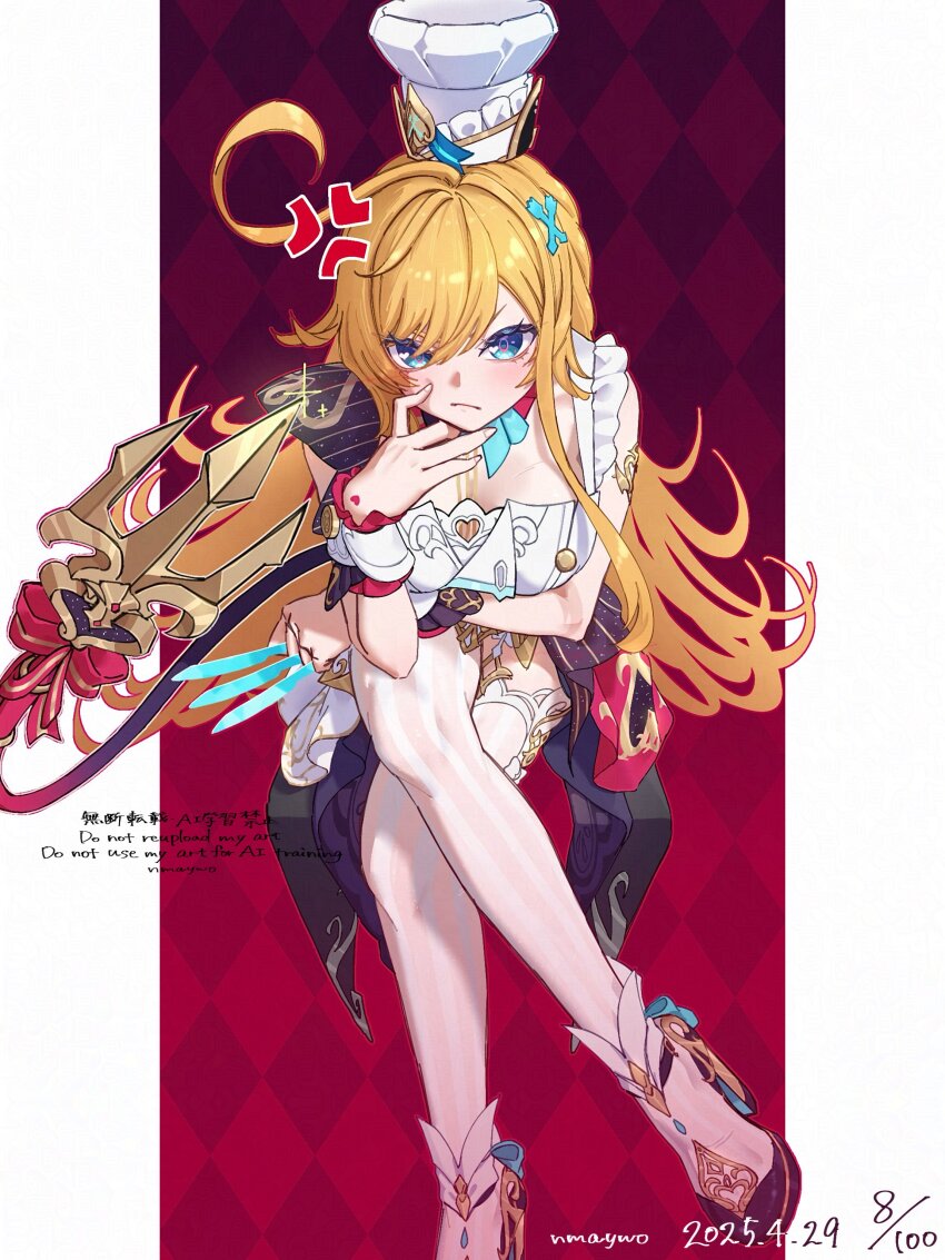 1girl absurdres ahoge anger_vein angry apron between_fingers blonde_hair blue_eyes breasts checkered_background chef chef_hat crossed_legs escoffier_(genshin_impact) feet_out_of_frame from_above frown genshin_impact hand_on_own_face hat heart heart_in_eye high_heels highres holding holding_knife knife knives_between_fingers long_hair looking_at_viewer mechanical_tail nmaywo sitting striped_clothes striped_thighhighs symbol_in_eye tail thighhighs v-shaped_eyebrows vertical-striped_clothes vertical-striped_thighhighs white_apron white_hat white_thighhighs wrist_cuffs