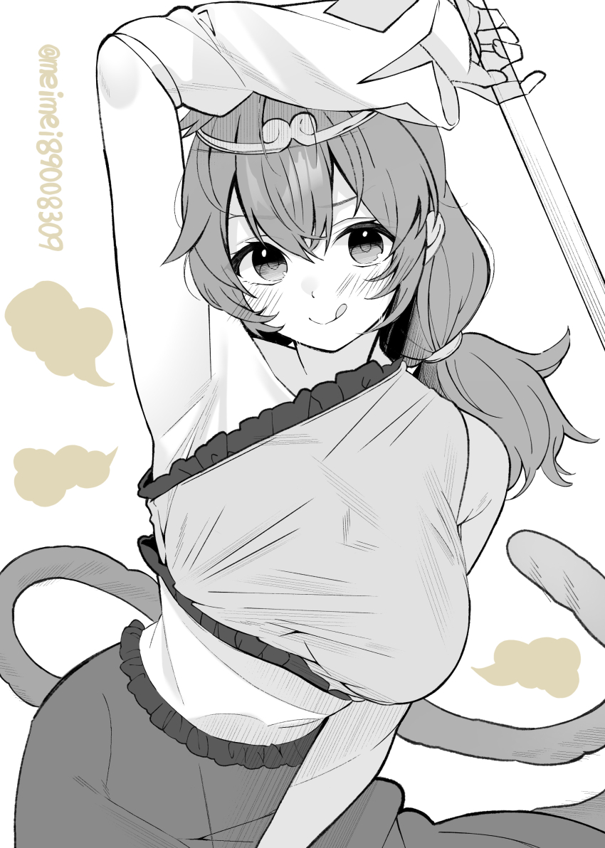 1girl :q absurdres armpits bare_shoulders blush bo_staff breasts circlet closed_mouth commentary_request crop_top detached_sleeves dress greyscale hair_between_eyes highres holding large_breasts long_hair looking_at_viewer low_twintails meimei_(meimei89008309) monkey_girl monkey_tail monochrome ruyi_jingu_bang single-shoulder_dress single_detached_sleeve skirt smile solo son_biten spot_color tail tongue tongue_out touhou twintails twitter_username white_background