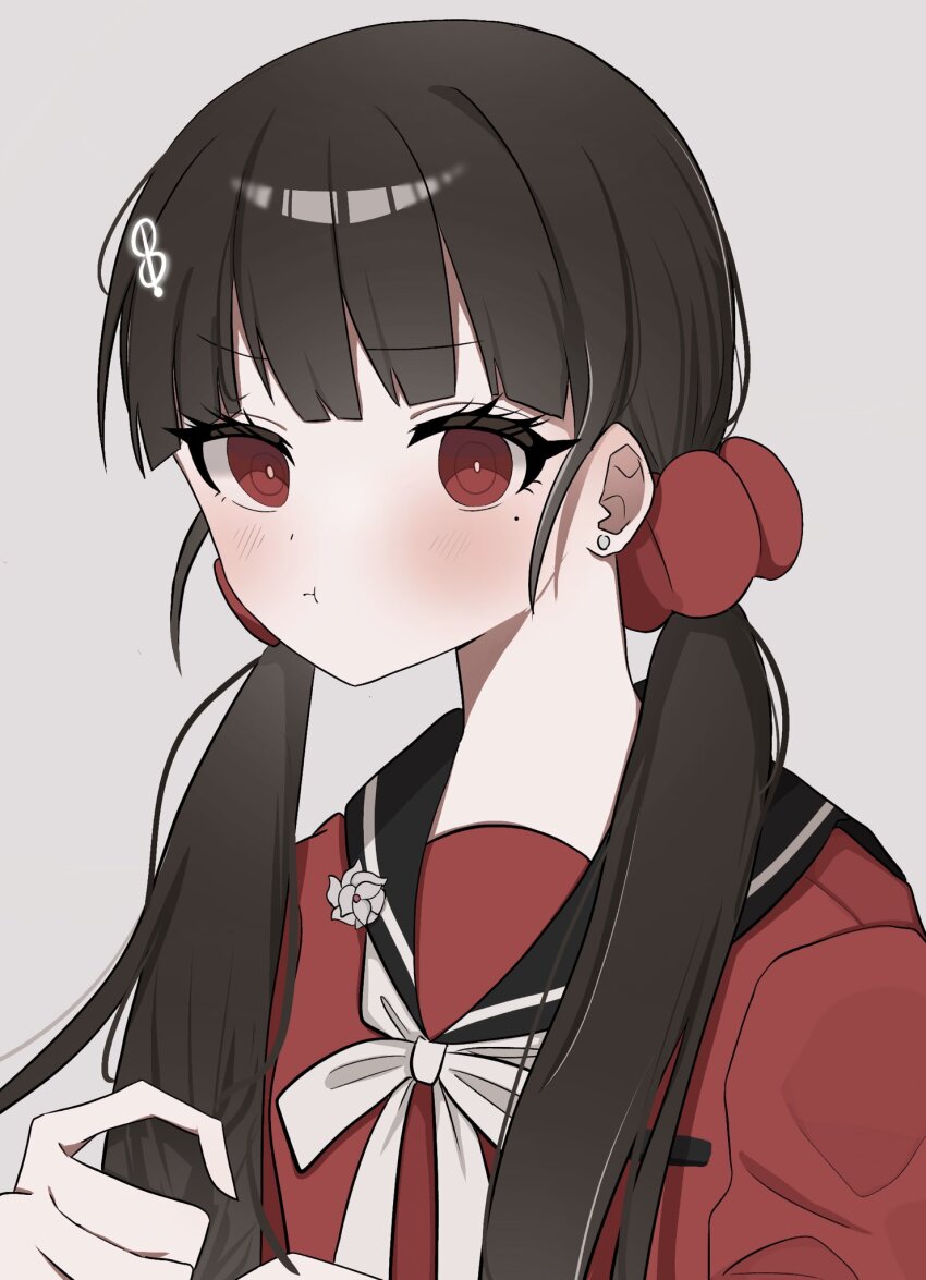 1girl bad_anatomy bad_hands black_sailor_collar blush bow bowtie brown_hair danganronpa_(series) danganronpa_v3:_killing_harmony earrings grey_background hair_ornament hair_scrunchie hairclip harukawa_maki highres jewelry long_hair looking_at_viewer low_twintails pout red_eyes red_scrunchie red_shirt ringo_ame_no_ria sailor_collar scrunchie shirt simple_background solo twintails upper_body white_bow white_bowtie