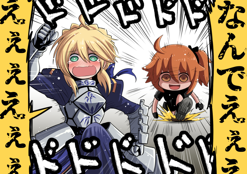 1koma 2girls ahoge armor artoria_pendragon_(fate) black_scrunchie black_shirt blonde_hair blue_dress braid breastplate chasing chibi comic commentary_request costume_request crying crying_with_eyes_open dodododo dress fate/grand_order fate_(series) faulds flying_teardrops fujimaru_ritsuka_(female) fujitaka_nasu gauntlets green_eyes highres medium_hair meme motion_lines multiple_girls orange_eyes orange_hair parody riyo_(lyomsnpmp)_(style) running running_ganger_(meme) saber_(fate) scrunchie shaded_face shirt short_sleeves shouting side_ponytail sidelocks sound_effects speech_bubble speed_lines style_parody tears translation_request wavy_mouth