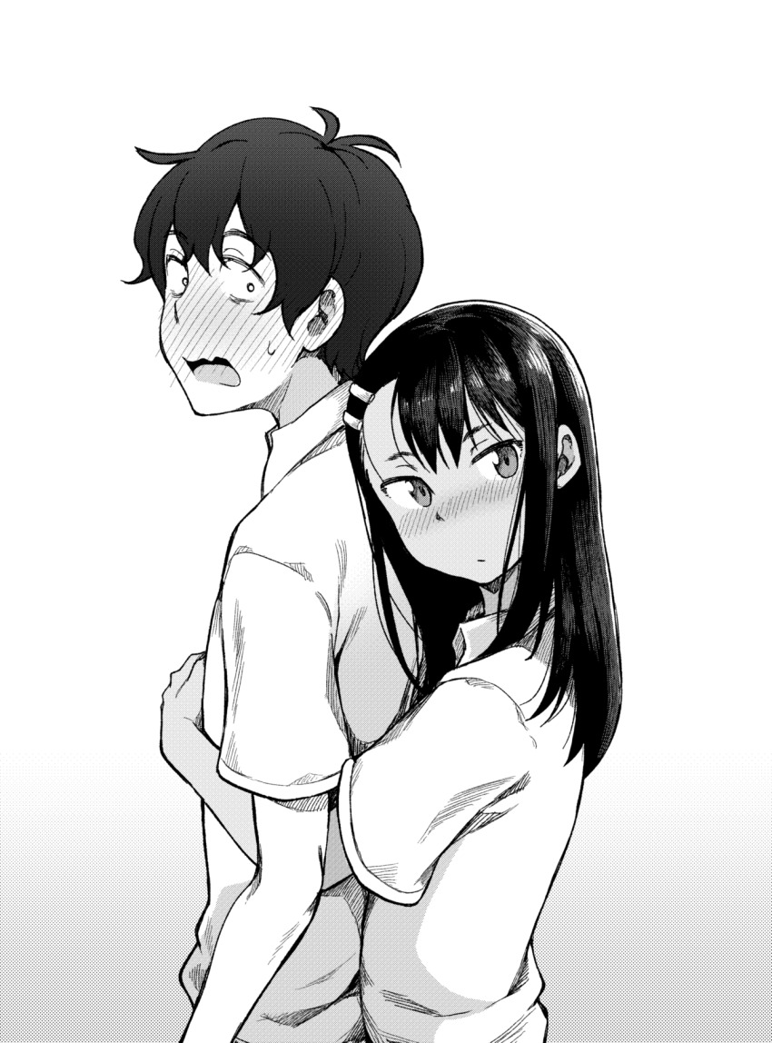 1boy 1girl :/ blush commentary english_commentary from_side geewhy greyscale hachiouji_naoto hair_ornament hairclip highres hug hug_from_behind ijiranaide_nagatoro-san looking_at_viewer monochrome nagatoro_hayase open_mouth polo_shirt sweatdrop