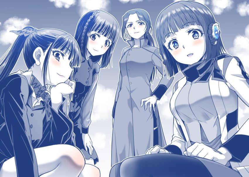 4girls absurdres aguilera_(kamen_rider_revice) blunt_bangs blush bow braid dress earrings glowing glowing_eyes hand_on_own_hip head_rest headphones highres hime_cut humagear_headphones igarashi_sakura is_(kamen_rider_01) jewelry kamen_rider kamen_rider_01_(series) kamen_rider_revice kamen_rider_saber_(series) kaneko_naoya limited_palette long_coat long_hair multiple_girls open_mouth pantyhose ponytail scarf shindai_reika sitting smile