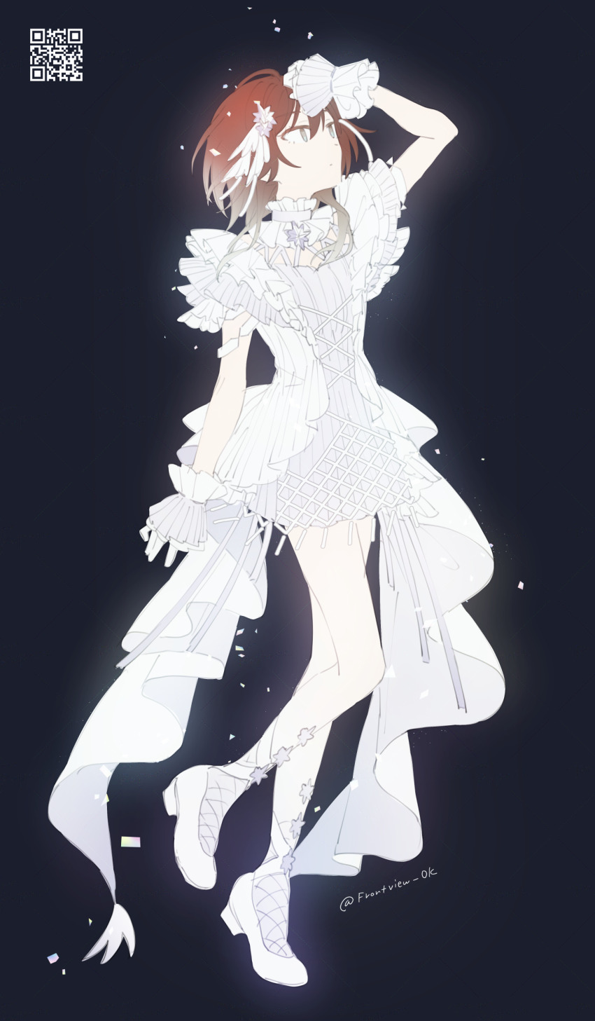 1girl absurdres aketa_mikoto black_background block_heels blonde_hair blue_eyes brown_eyes brown_hair closed_mouth dot_nose dress expressionless gloves hand_on_own_head high_heels highres idolmaster idolmaster_shiny_colors lace looking_up multicolored_eyes multicolored_hair qr_code shoes simple_background solo twitter_username ukai_sunao watermark watermark_grid white_dress white_gloves white_shoes wrist_cuffs