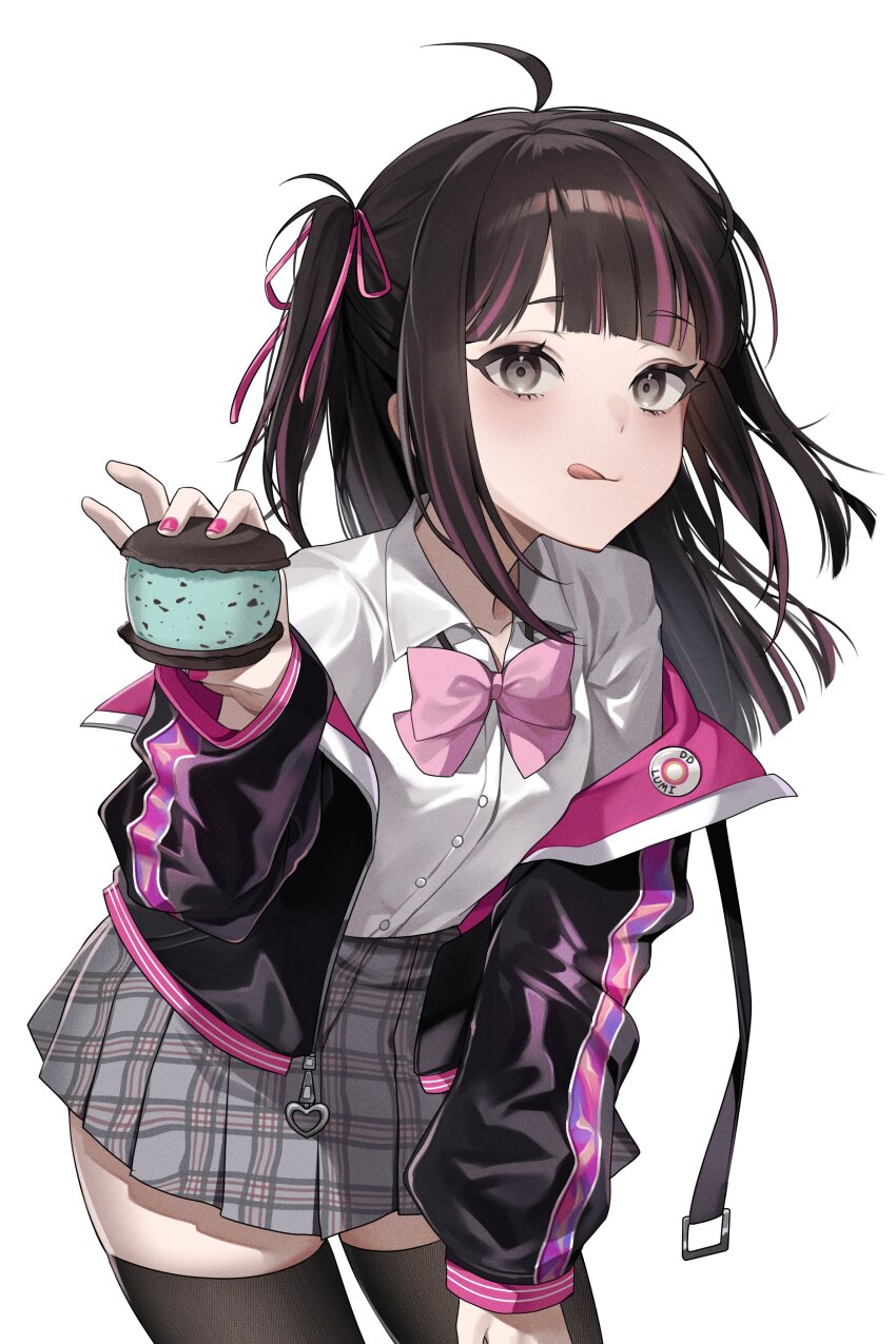 1girl :q absurdres ahoge black_hair black_jacket black_thighhighs blunt_bangs blunt_ends bow bowtie collared_shirt commentary cowboy_shot ddungddang dress_shirt food grey_eyes grey_skirt heart highres ice_cream ice_cream_sandwich incoming_food jacket leaning_forward long_hair looking_at_viewer miniskirt mint_chocolate mint_chocolate_(razschi) multicolored_hair nail_polish off_shoulder original pink_bow pink_bowtie pink_nails pink_ribbon plaid_clothes plaid_skirt pleated_skirt ribbon shirt shirt_tucked_in simple_background skirt solo standing streaked_hair symbol-only_commentary thighhighs tongue tongue_out track_jacket two_side_up white_background white_shirt zettai_ryouiki zipper_pull_tab