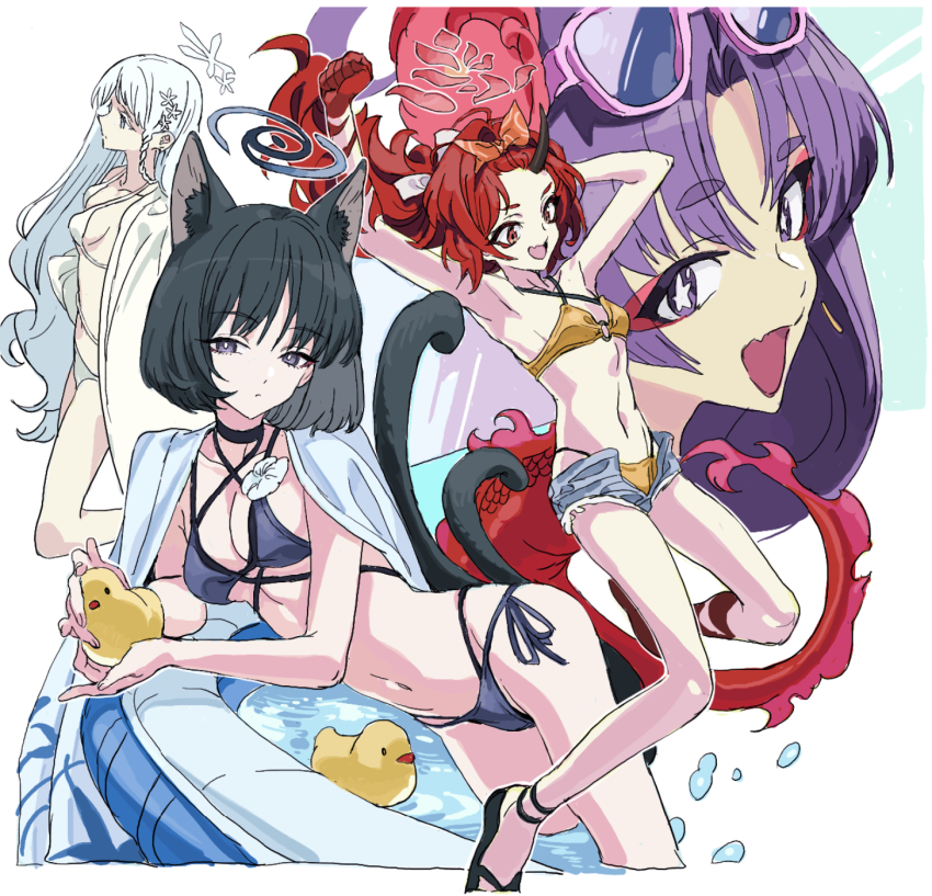 4girls bikini black_hair blue_archive breasts halo highres kikyou_(blue_archive) kikyou_(swimsuit)_(blue_archive) multiple_girls nagusa_(blue_archive) nagusa_(swimsuit)_(blue_archive) navel nobita_(makoto7060355) official_alternate_costume purple_hair red_hair renge_(blue_archive) renge_(swimsuit)_(blue_archive) swimsuit white_hair yukari_(blue_archive) yukari_(swimsuit)_(blue_archive)