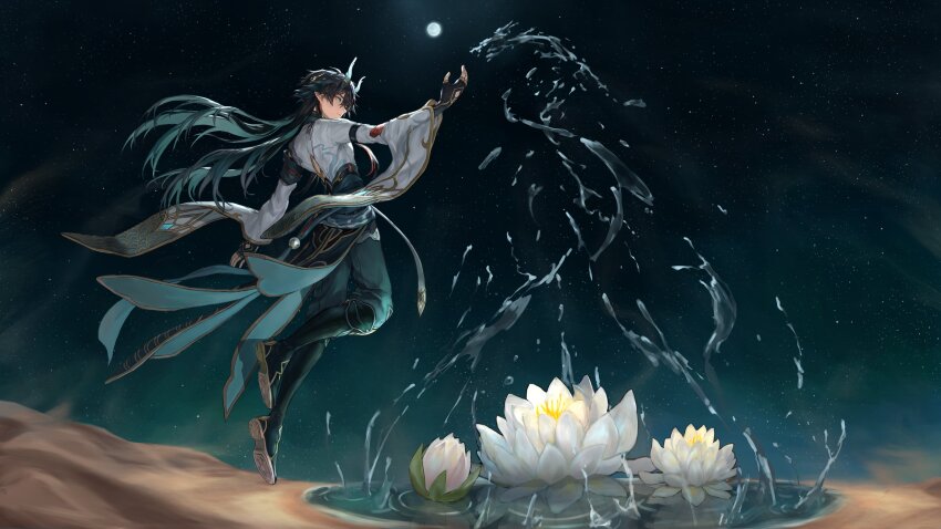 1boy absurdres alternate_costume black_gloves black_hair chinese_clothes commentary_request dan_heng_(honkai:_star_rail) dan_heng_(imbibitor_lunae)_(honkai:_star_rail) dragon_boy dragon_horns fingerless_gloves floating floating_hair flower full_body full_moon geebee_79 gloves green_eyes green_hair highres honkai:_star_rail honkai_(series) horns hydrokinesis long_hair lotus moon multicolored_hair night night_sky pointy_ears sand sky solo star_(sky) starry_sky streaked_hair traditional_clothes very_long_hair water water_lily_flower white_lotus