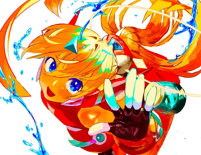 1girl bent_over bikini blonde_hair blue_eyes cairngorm999 ciel_(mega_man) looking_at_viewer mega_man_(series) mega_man_x_(series) mega_man_x_dive mega_man_zero_(series) official_alternate_costume ponytail red_bikini simple_background solo swimsuit water white_background