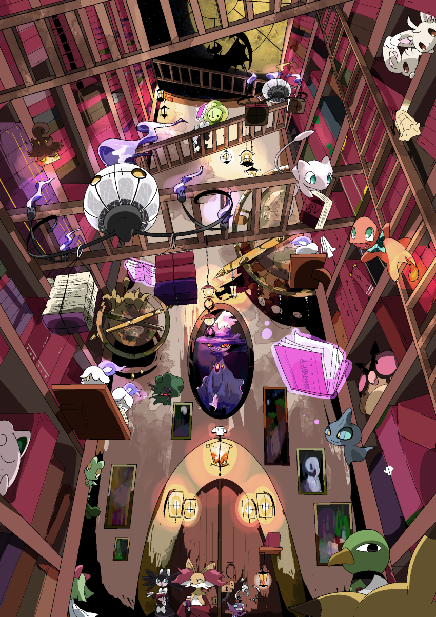 abra absol absurdres animal_focus aqua_eyes book brown_hair chandelure charmander climbing_ladder colored_sclera delphox duosion floating floating_book floating_object flying from_below gen_1_pokemon gen_2_pokemon gen_3_pokemon gen_4_pokemon gen_5_pokemon gen_6_pokemon gen_7_pokemon gothitelle gothorita green_eyes grimoire highres hoothoot jigglypuff kirlia klefki kura_(shironagasu02) lamp legendary_pokemon library litwick lunala mew_(pokemon) minccino misdreavus mismagius mythical_pokemon nintendo no_humans no_pupils on_ladder pikachu pink_sclera pokemon portrait pumpkaboo red_eyes sableye shuppet solid_oval_eyes treecko unown xatu yellow_eyes yellow_pupils yellow_sclera