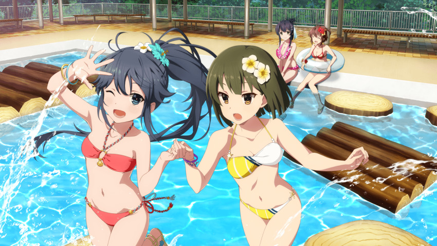 4girls :d ;d ban_tsugumi bench bikini black_hair blue_eyes breasts brown_hair cleavage collarbone day etou_kanami facing_another flower frilled_bikini frills game_cg green_hair hair_between_eyes hair_flower hair_ornament holding_hands innertube large_breasts long_hair looking_at_another looking_at_viewer medium_breasts multiple_girls navel non-web_source official_art one_eye_closed open_mouth orange_eyes outdoors ponytail pool red_bikini short_hair sitting small_breasts smile splashing stomach swim_ring swimsuit toji_no_miko toji_no_miko:_kizamishi_issen_no_tomoshibi wading water wristband yamashiro_yui yanase_mai yellow_bikini