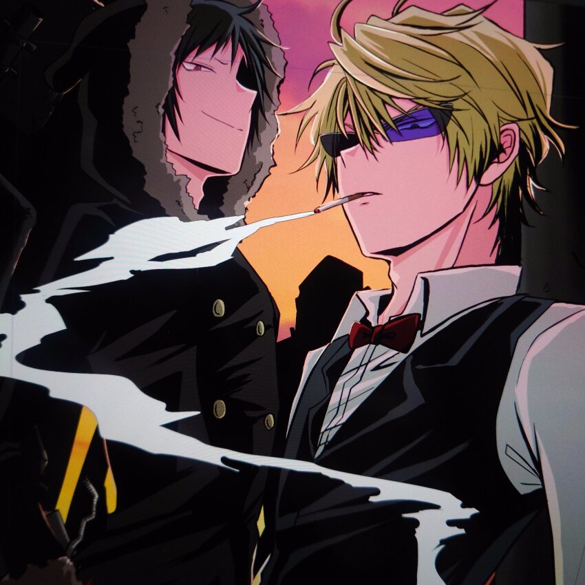 2boys black_hair black_jacket black_vest blonde_hair blue-tinted_eyewear bow bowtie brown_fur buttons cigarette closed_mouth collared_shirt commentary_request dress_shirt durarara!! dusk eyes_visible_through_eyewear fur-trimmed_hood fur_trim hair_behind_ear heiwajima_shizuo highres hood hood_up jacket lapels long_sleeves male_focus mochichiwa multiple_boys notched_lapels orihara_izaya parted_lips red_bow red_bowtie red_eyes shirt short_hair smile smoke smoke_trail smoking tinted_eyewear upper_body vest wing_collar
