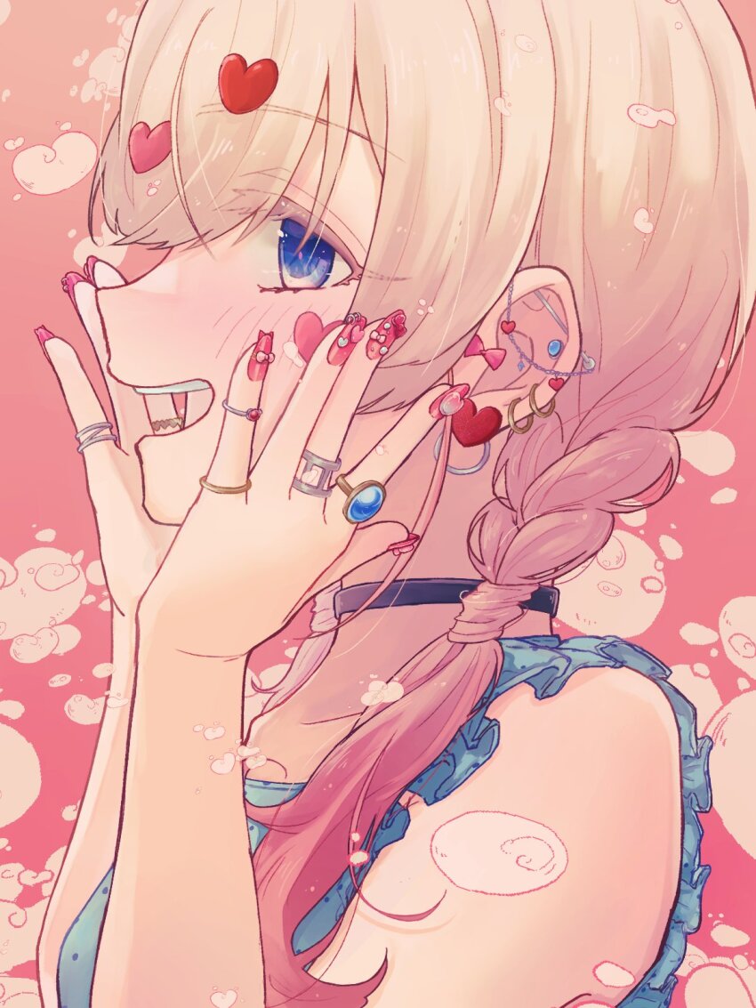 1girl black_choker blonde_hair blue_eyes blush braid choker ear_piercing earrings fingernails gradient_hair gyaru hair_ornament heart heart_earrings heart_hair_ornament highres jewelry kedarui_aashii kimi_no_koto_ga_dai_dai_dai_dai_daisuki_na_100-nin_no_kanojo multicolored_hair nail_polish oknomyk open_mouth ornate_ring piercing pink_background pink_hair profile ring solo twin_braids twintails