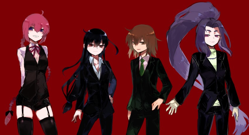 4girls absurdres agtt25333 ahoge black_bow black_hair black_legwear black_ribbon bow braid brown_eyes brown_hair collared_shirt crossdressing crossdressing_(ftm) formal_clothes garter_straps gloves green_neckwear grin hair_between_eyes hair_bow hand_on_own_hip hatsuharu_(kancolle) hatsushimo_(kancolle) highres kantai_collection long_hair long_sleeves looking_at_viewer low-tied_long_hair multiple_girls necktie nenohi_(kancolle) pink_hair purple_eyes purple_hair red_background red_eyes ribbon shirt short_hair single_braid smile suit thighhighs tuxedo very_long_hair wakaba_(kancolle)