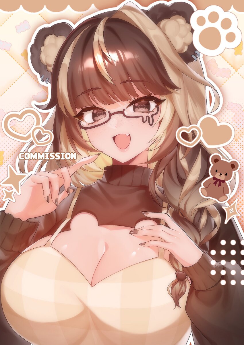 1girl absurdres animal_cutout animal_ears apron bear_ears bear_girl beary_ein braid breasts brown_eyes brown_hair brown_nails brown_sweater cleavage cleavage_cutout clothing_cutout commission earrings fang glasses hand_on_own_chest heart highres indie_virtual_youtuber jewelry large_breasts long_hair multicolored_hair open_mouth paw_print semi-rimless_eyewear sics_(666daisuchan) skeb_commission solo streaked_hair stuffed_animal stuffed_toy sweater teddy_bear turtleneck turtleneck_sweater two-tone_hair upper_body virtual_youtuber yellow_apron