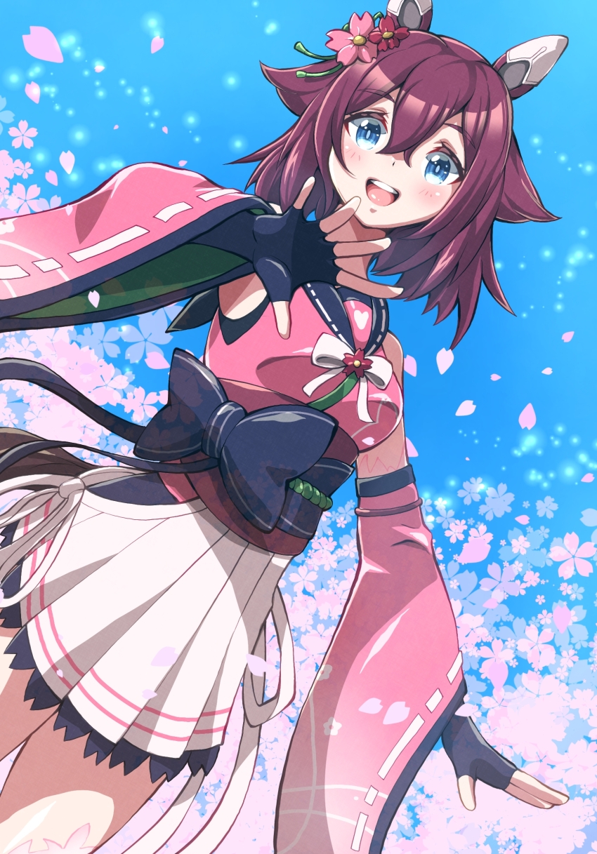 1girl animal_ears blue_eyes blush commentary detached_sleeves fingernails flower hair_between_eyes hair_flower hair_ornament highres horse_ears horse_girl horse_tail musan_(mu34mi) petals pink_hair sakura_chiyono_o_(umamusume) sky solo tail teeth thighhighs umamusume upper_teeth_only