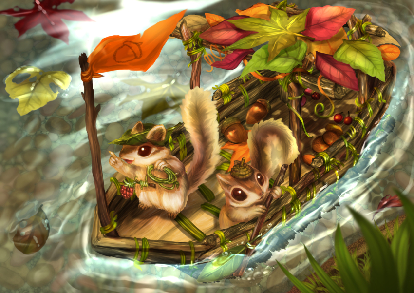 acorn acorn_print animal animal_focus autumn berry boat clip_studio_paint_(medium) commentary_request ears_through_headwear flag grass highres holding kumaoka_pon leaf no_humans oar open_mouth original outdoors plant reflection reflective_water river shadow squirrel tail twig vines watercraft
